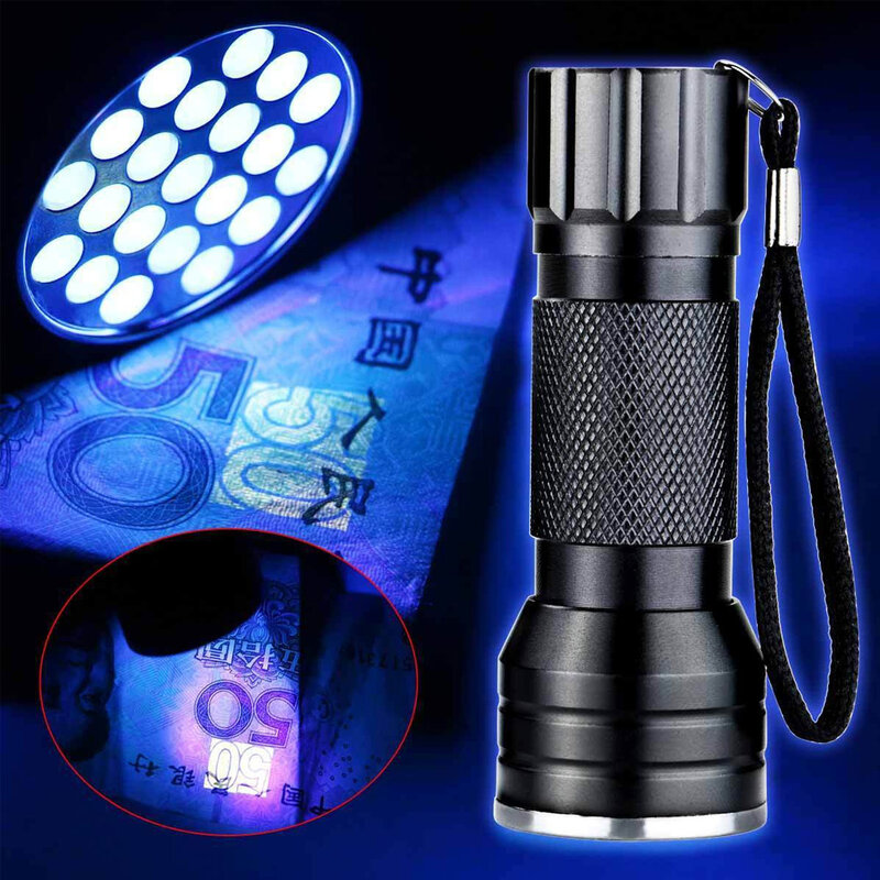 21 lampu senter UV daya baterai tempurung hitam deteksi LED senter Mini campuran aluminium sakelar klik tes urin portabel