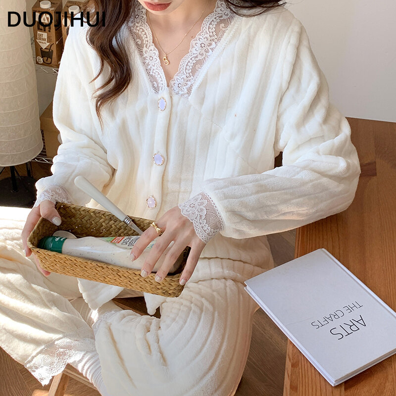 DUOJIHUI 여성용 루즈한 잠옷 세트, 레이스 섹시한 V넥 카디건, 기본 캐주얼 바지, 단색 잠옷, 달콤한 겨울 패션