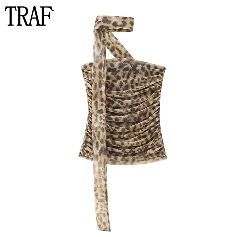 TRAF-mulheres leopardo estampa de tule tops, top crop ruched, espartilho sexy sem encosto, cabeçada de praia verão, fêmea