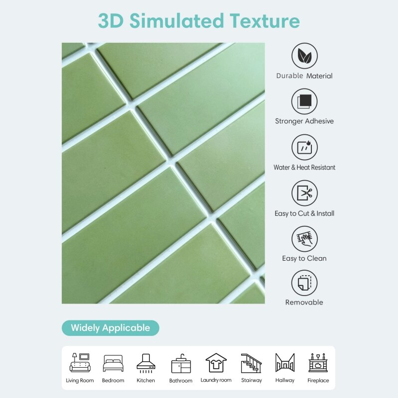 3D Peel and Stick Wall Green Tile 3D Tile Sticker for Bathroom Wall Kitchen Tile Backsplash Self Adhesive Wall Panel Waterproof