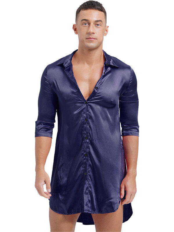 Мужская и Женская атласная ночная рубашка, ночная рубашка с V-образным вырезом, полурукавами, одежда для сна, ночная рубашка, блестящая свободная Ночная сорочка
