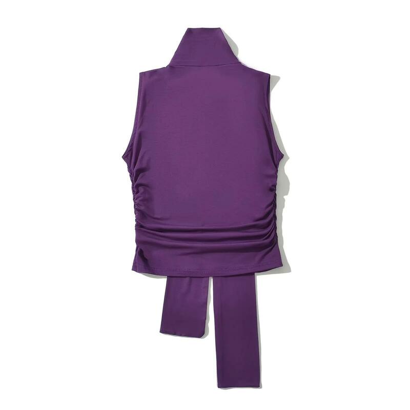 Blus tanpa lengan ungu elegan untuk wanita, Atasan kemeja musim panas ramping elastis dengan kerah pita untuk wanita