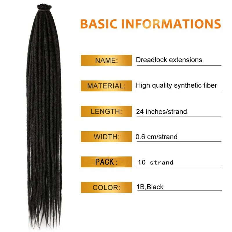 2 Pack (20Strands) Thin 0.6cm Dreadlock Handmade Hip-Hop Style Dreadlocks Extensions Black 24Inch Synthetic Heat Hair