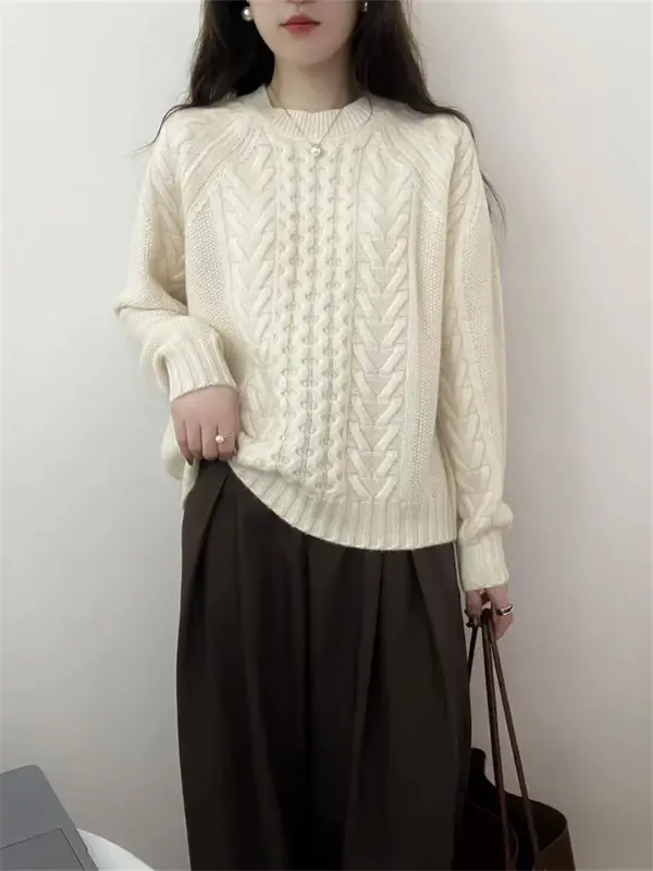 Suéter de lana trenzada para mujer, suéter de Color sólido, informal, combina con todo, cuello redondo, Otoño e Invierno