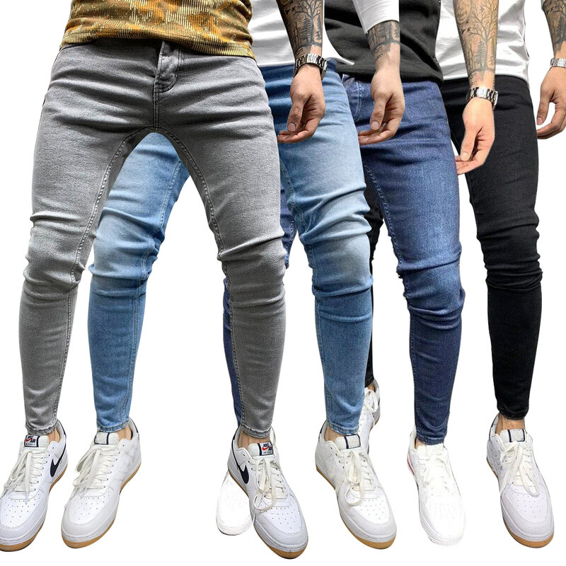 Men Jeans Denim Pencil Pants Sheath Ankle Length Washing Solid Slim Fit Pockets Slight Strech Mid Waist High Street 2024