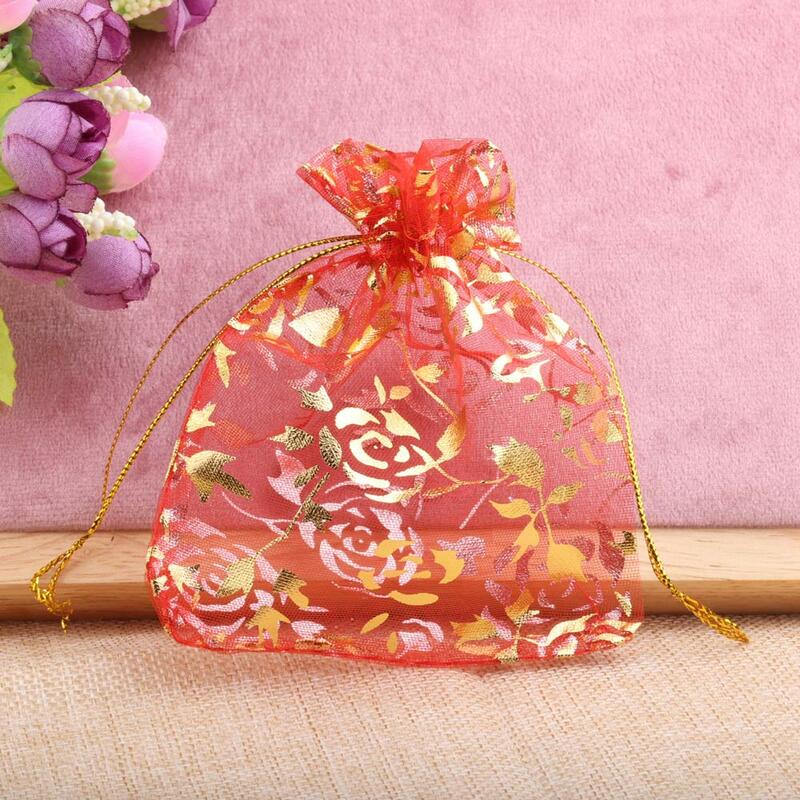 50pcs Rose Organza Jewelry Bags 7x9/9x12/10x15/13x18cm Wedding Party Christmas Candy Gold Color Drawstring Packaging Pouches