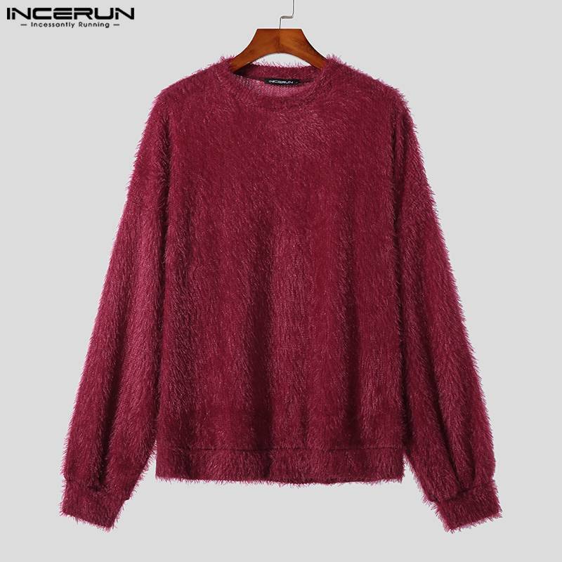 INCERUN Tops 2024 Korean Style Handsome Mens Loose Faux Plush Fabric Pullover Casual Streetwear Solid Long Sleeved Sweater S-5XL