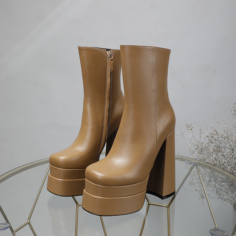 Женские ботинки из натуральной кожи, черные или коричневые ботинки на Высоком толстом каблуке, на молнии сбоку, осень/зима 2023