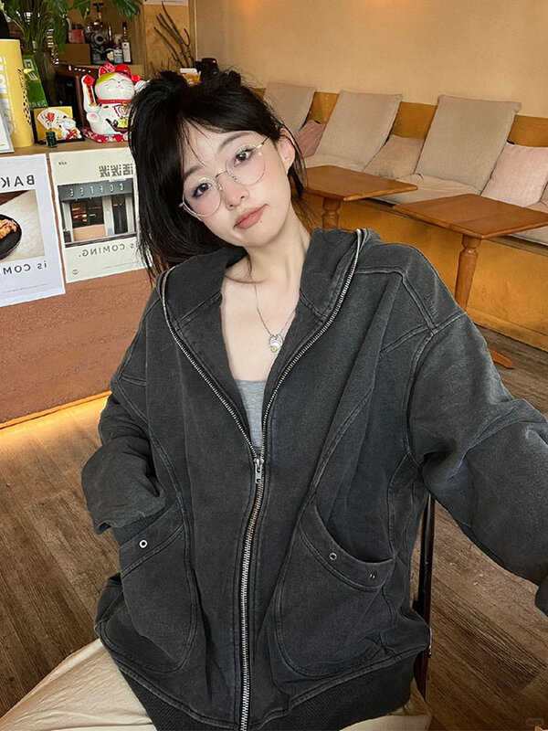 เสื้อกันหนาวสีดำของผู้หญิง Y2k เสื้อมีฮู้ดแบบสวมหัวสำหรับฤดูใบไม้ร่วงและฤดูหนาว MODE Korea 2023