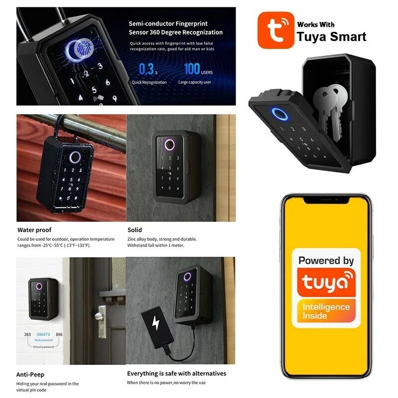 Coffre-fort électronique Tuya Smart Life, boîtier à clés, contrôle Bluetooth 4.1, passerelle, étanche, sécurité extérieure, empreintes digitales, cachette de sécurité
