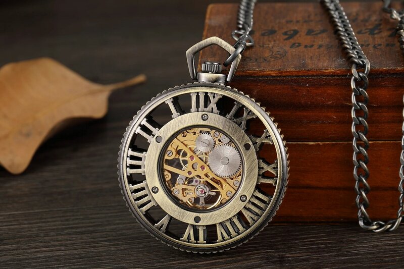 투명 유리 로마 숫자 해골 기계식 포켓 시계, 레트로 블랙 수동 메커니즘 펜던트 포켓 시계