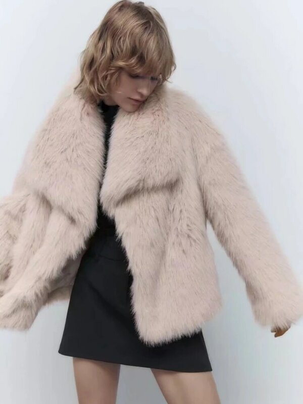 Jaqueta de manga comprida feminina, lapela grande, efeito pele sintética, moda de rua, estilo europeu e americano, inverno, 2022