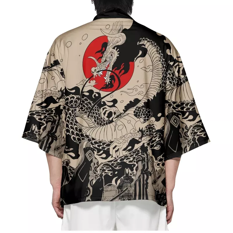 التقليدية الساموراي كيمونو الرجال اليابانية أنيمي التنين طباعة تأثيري هاوري الإناث المرأة سترة يوكاتا قميص الصيف رداء