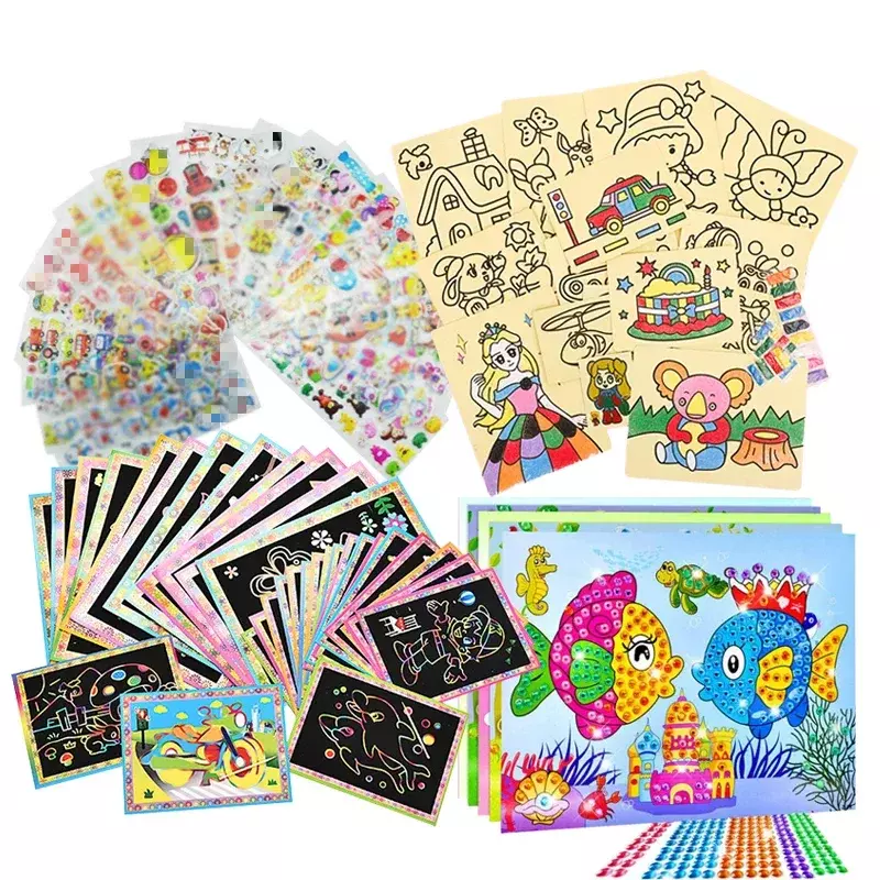 26Pcs Educatief Tekening Speelgoed Kinderen Tekening Speelgoed Set Kras Schilderij Zand Schilderij Diamant Stickers Voor Kid