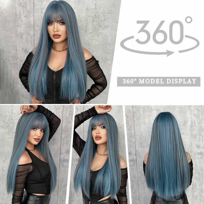 7JHH-Peluca de cabello sintético Natural para mujer, cabellera artificial con flequillo largo y liso, color azul, resistente al calor, para fiesta diaria