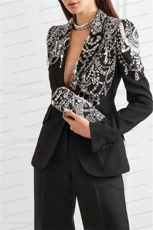블랙 크리스탈 웨딩 턱시도 여성용 바지 정장 세트, 블레이저 럭셔리 비즈 의상, 여성 맞춤형 재킷, 무도회 드레스, 2 개
