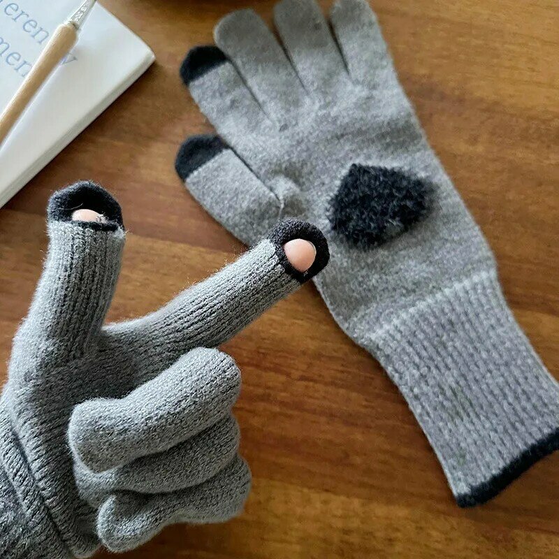 Зимние шерстяные перчатки для сенсорного экрана, 1 пара, милые плюшевые теплые перчатки для верховой езды, женские, детские модные вязаные пушистые Зимние перчатки для работы