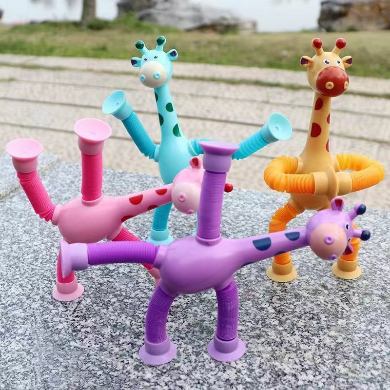 Mainan cangkir hisap anak-anak, tabung Pop antistres teleskopik jerapah Fidget Puzzle bayi mainan Remas pereda stres