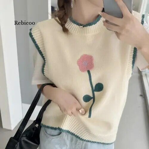 Żakardowa dzianina kamizelka kobiety japoński leniwy wokół szyi sweter bez rękawów 2022 jesień Contarst kolor nakładania sweter Ins