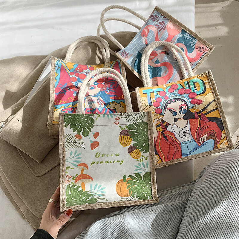 Fashion Portable Food Picnic Bags Print Pattern Travel Canvas Casual Shopping Bag Travel Canvas Bag Reusable HandBags