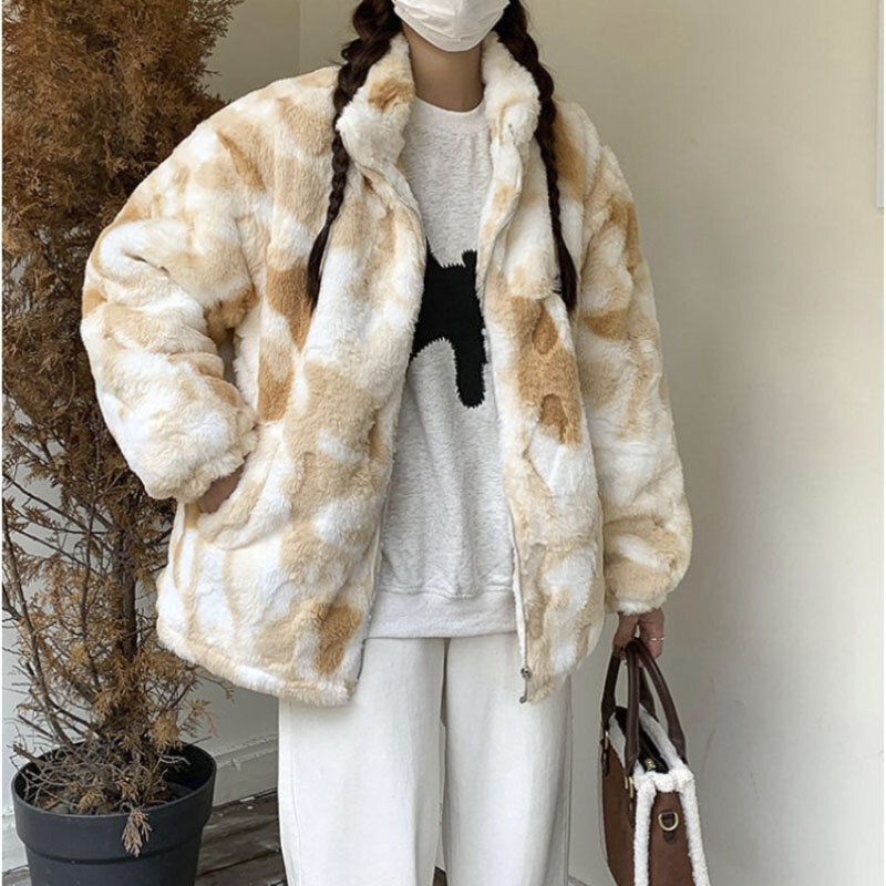 2023 여성용 타이 염색 양모 재킷, 따뜻한 다운 코트, 느슨한 귀여운 패션, 오버사이즈