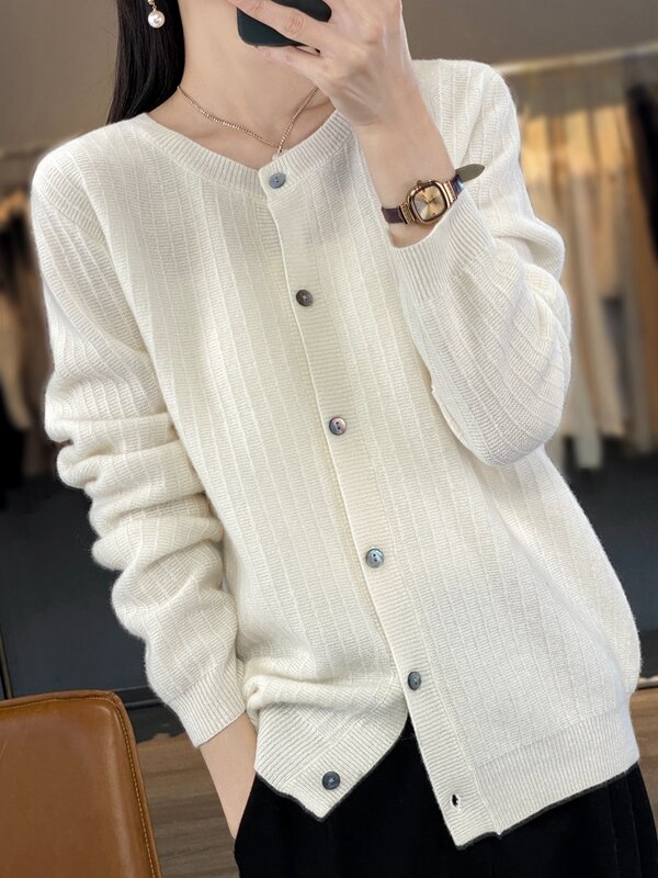 Spring Autumn Women's Cardigan 100% Wool Knitted Sweater Round Collar Causal Cardigans Full Sleeve Loose Large Size Women Shirt