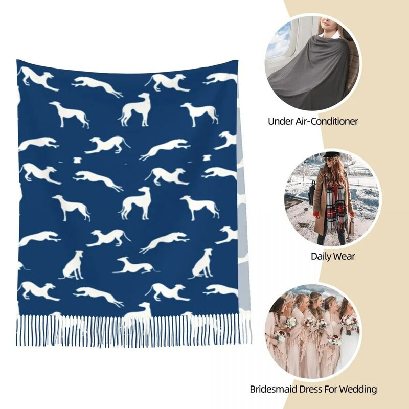 Greyhound Shawl Wrap for Womens Warm Large Soft Scarf Whippet Sighthound Dog Pashminas Tassel Scarves