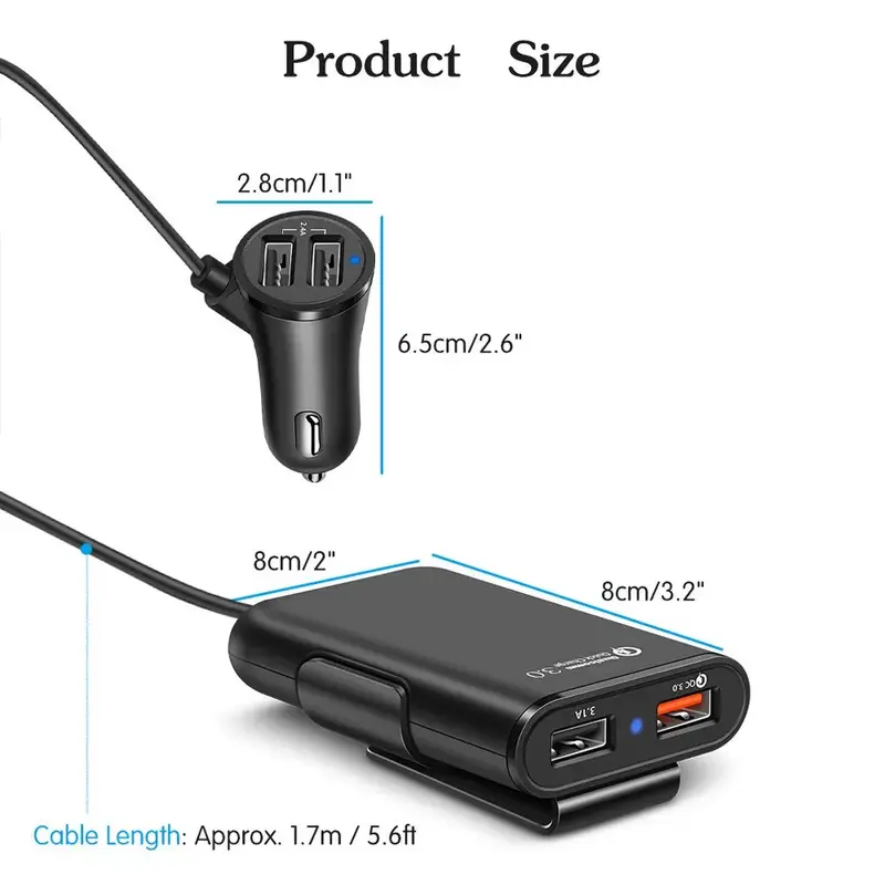 Qc3.0 pengisi daya ponsel cepat untuk mobil, satu untuk empat 4 Port Usb klip depan dan belakang USB pengisi daya mobil hitam