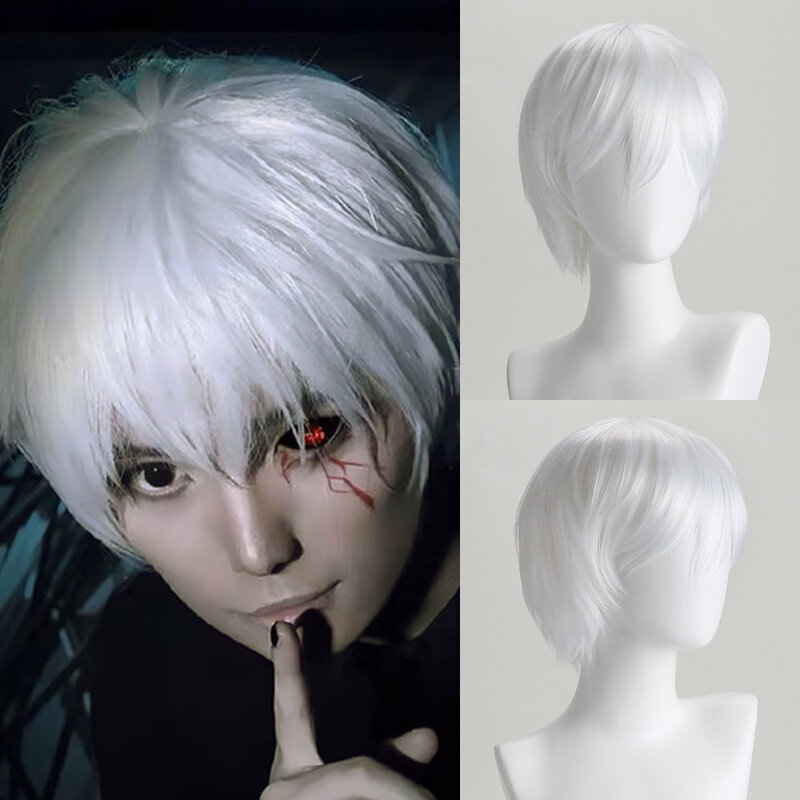 Tokyo Ghoul Kaneki Ken Cosplay peruca curta, cabelo sintético anime, branco prateado ou branco, fantasia de Halloween