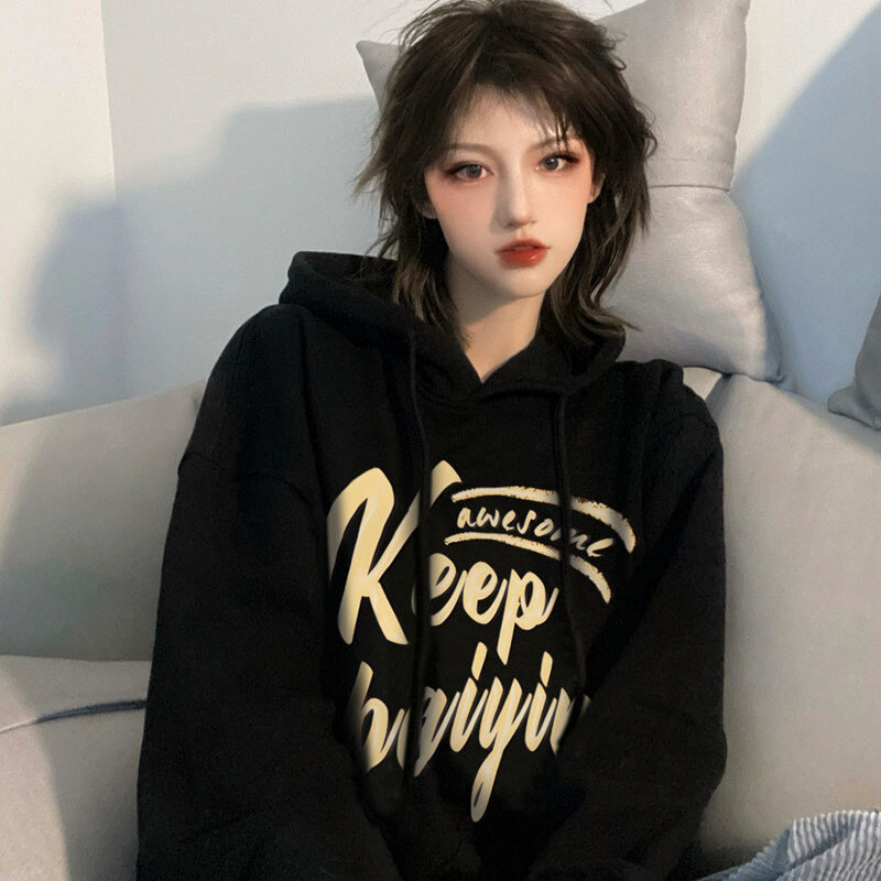 American style high street hiphop sweaters for women in autumn and winter, plush and thick insets, lazy bf style, oversize, and