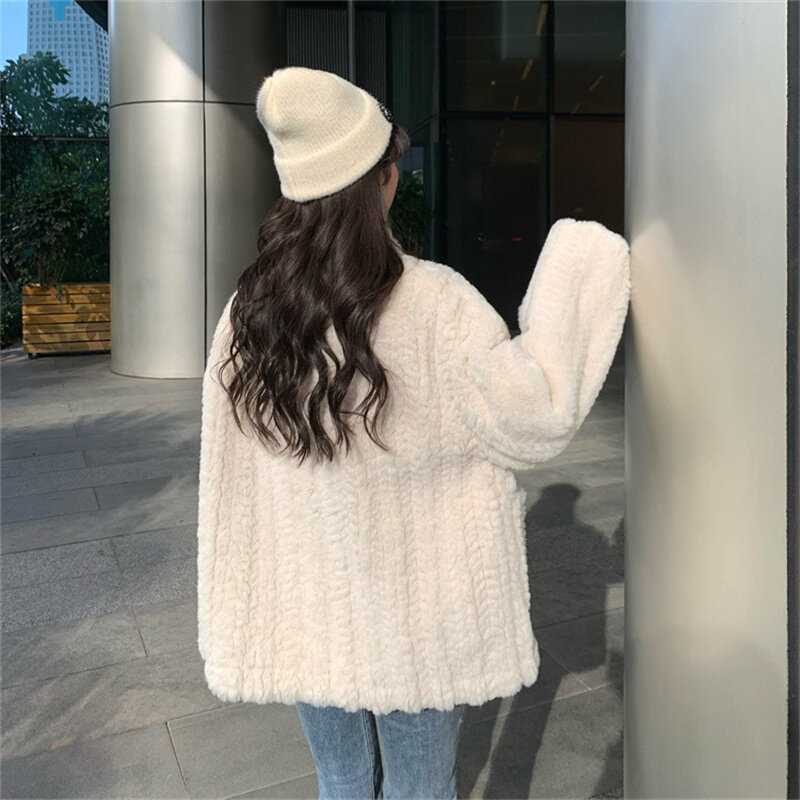 Jaqueta curta de lã de cordeiro para mulheres, sobretudo solto, pele sintética, botão de chifre, streetwear, grosso, moda, outono, inverno, 2023