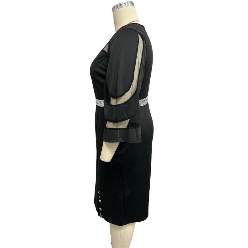 Dress kain poliester wanita, gaun Mini kasual elegan ukuran besar gaun Midi dengan tambal sulam jala payet berkilau untuk perempuan