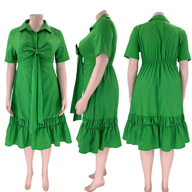 Ruffles Casual feminino vestido com gola V, manga curta, renda para cima, bainha de fungo, meio vestido, streetwear, plus size, XL-5XL, 2023