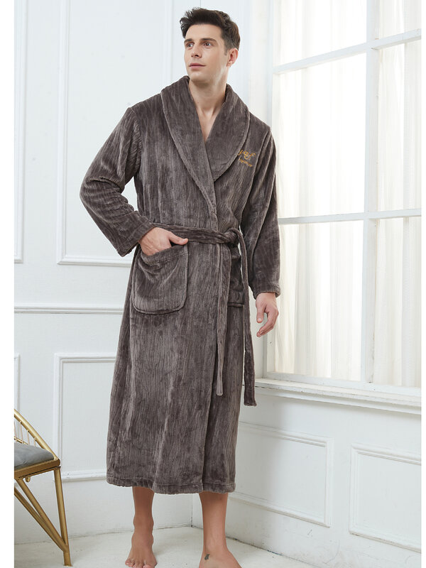 Men Flannel Kimono Bathrobe Gown Winter Thickened Robe Sleepwear Coral Fleece Loose Home Wear Warm Nighwtear Plus Size 3Xl 4Xl