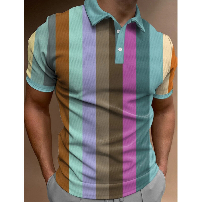 Polo con estampado de rayas de arcoíris para hombre, camiseta de manga corta con solapa de moda, blusa de Golf informal de gran tamaño, Tops con botones, Color 3D