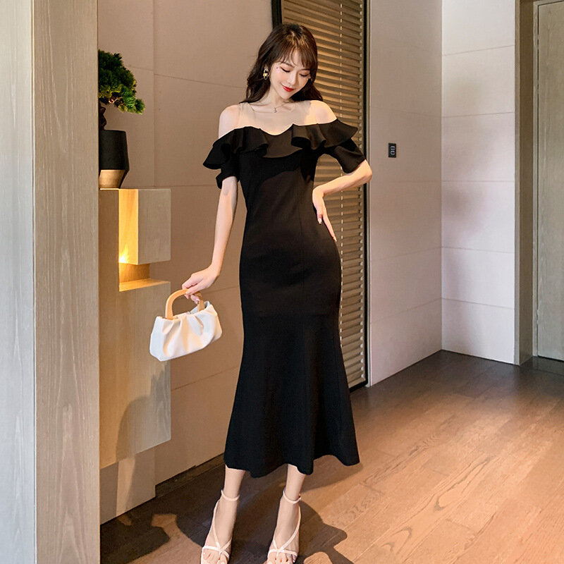 New Summer Sexy Temperament Dress Ruffled Collar Mesh With Waist And Shoulders Black Skinny Fishtail Dress