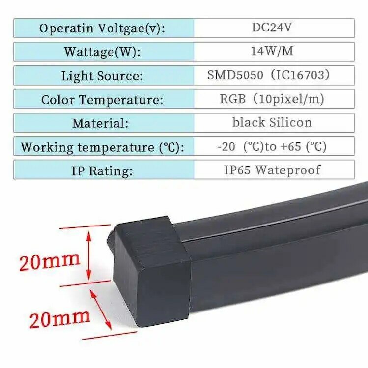 유연한 방수 블랙 실리콘 LED 스트립 로프 네온 라이트, 맞춤형 주소 지정 가능, 12V, 24V