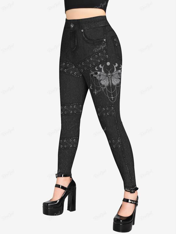 ROSEGAL Plus rozmiar gotyckie legginsy 3D motyl Jean sznurowane drukowane spodnie S-5XL kobiety Streetwear obcisłe spodnie Mujer