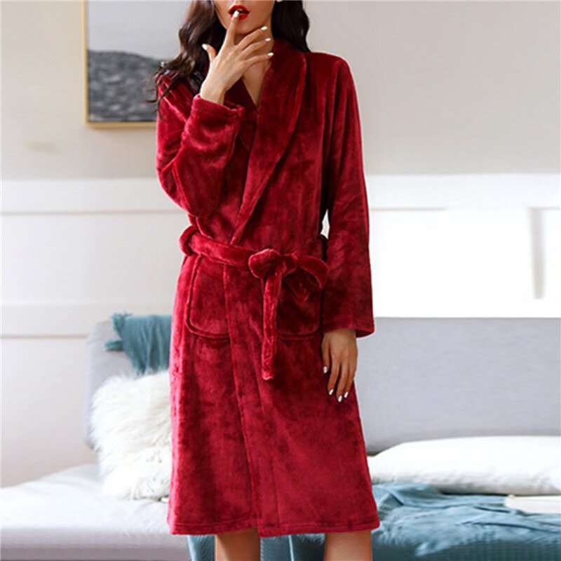 Thicken Warm Flannel Robe Winter Long Sleeve Plush Bathrobe Hooded Women Thicken Nightgown Lounge Sleepwear Bathing Homewear