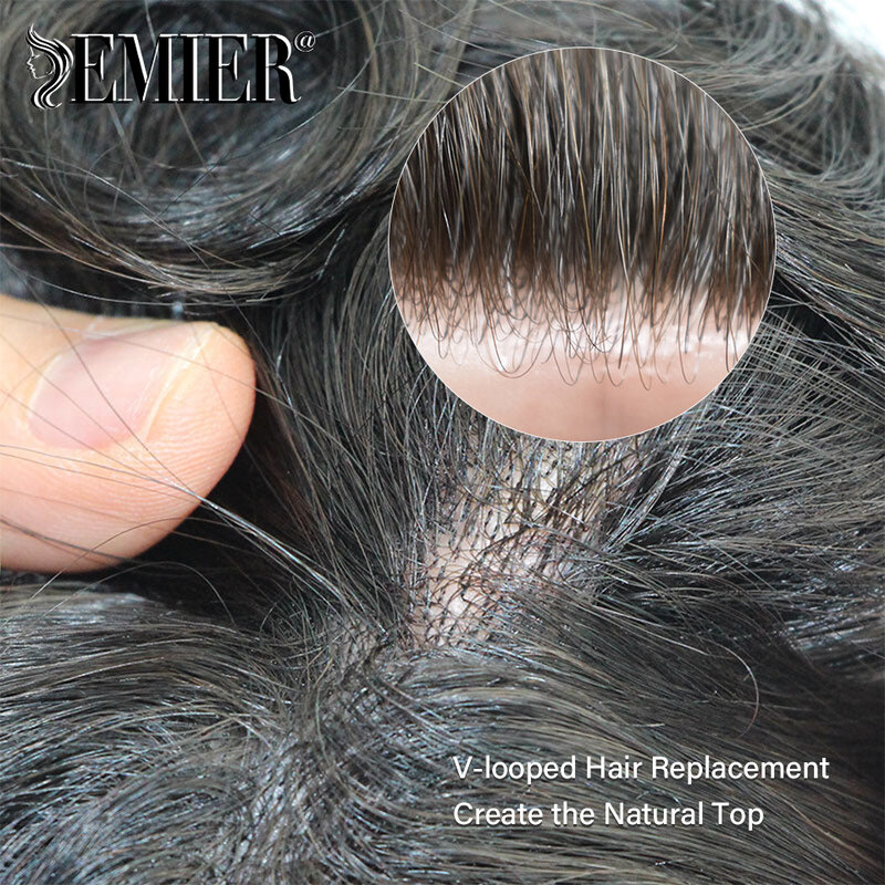 Tupé negro Natural de 20mm para hombres, piel Superfina, Base en V con bucle, sistema de cabello humano, prótesis duraderas, reemplazo de cabello, 0,1mm