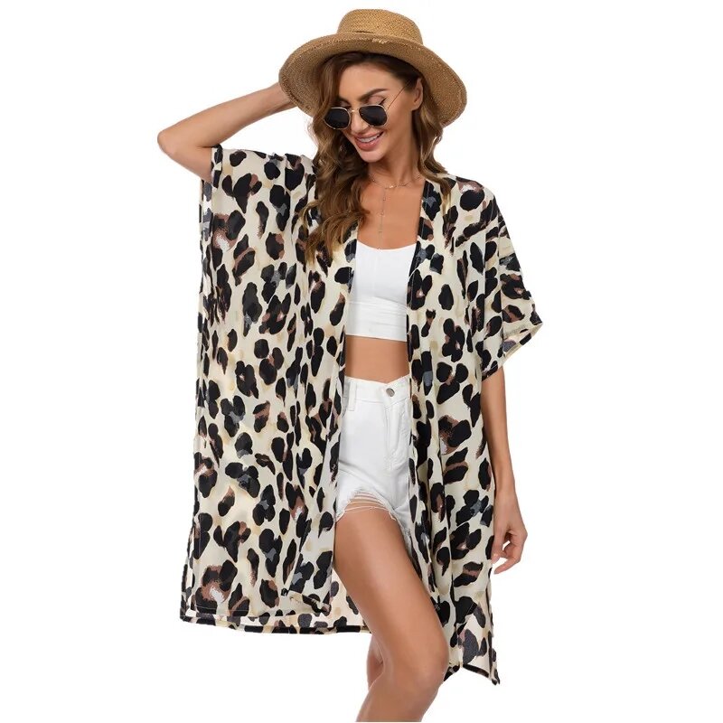 Jupe de plage imprimée léopard pour femmes, chemise de protection solaire, chemisier de plage, cardigan en mousseline de soie, dame, bord de mer, vacances, mode loisirs