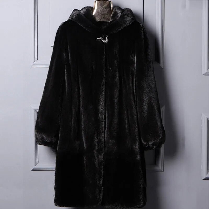 Casacos de pele de vison para mulheres, seção longa, encapuzado, falso, alta qualidade, tamanho grande, feminino, casacos de inverno, S-9XL