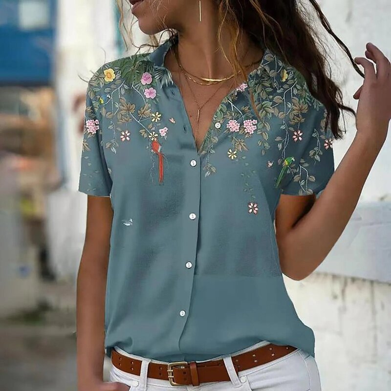 Blusa floral feminina de manga curta, streetwear Y2K, tops elegantes de botões, camisa estampada em 3D, 2024