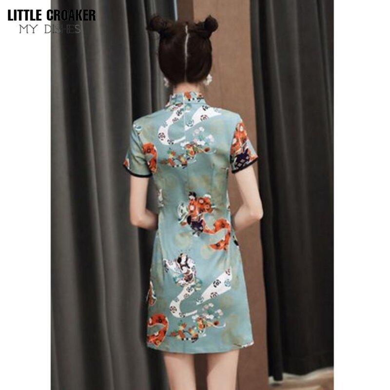 Cheongsam curto de qipao feminino, mini vestido de verão, modificado chinês, chinoiserie jovem estudante, novo, 2022