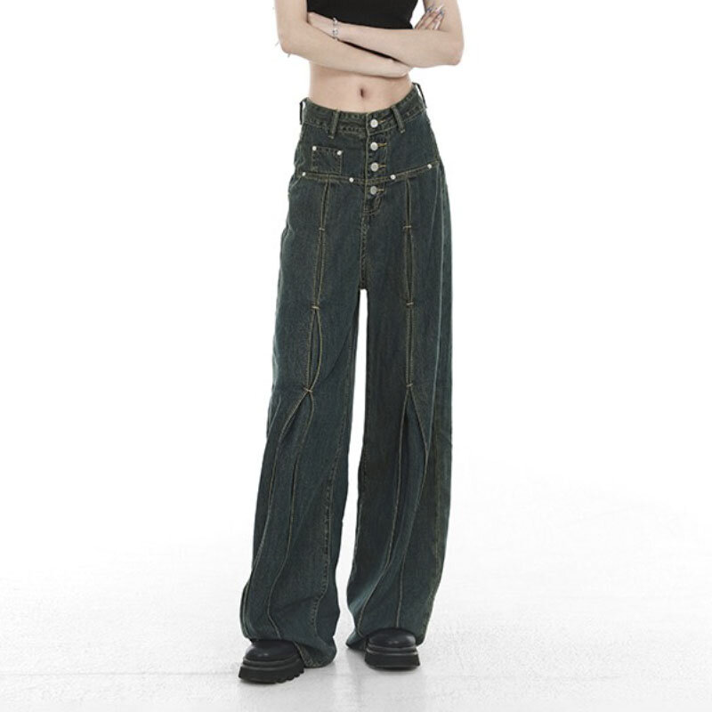 Calça jeans feminina de botão de cintura alta, reta de perna larga, calça cargo vintage casual de rua, jeans Harajuku, Y2K