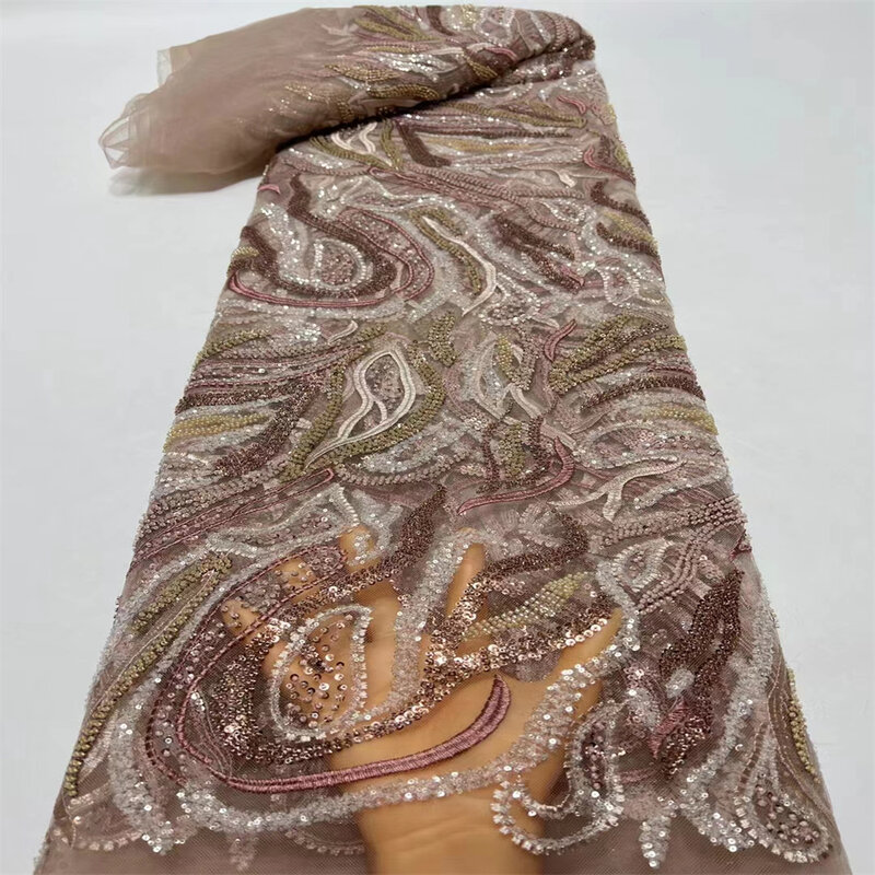 Kain renda Afrika 2023 dengan payet manik-manik bordir Tulle gaun pesta untuk wanita mode Perancis jahit kain 5 yard HX3252