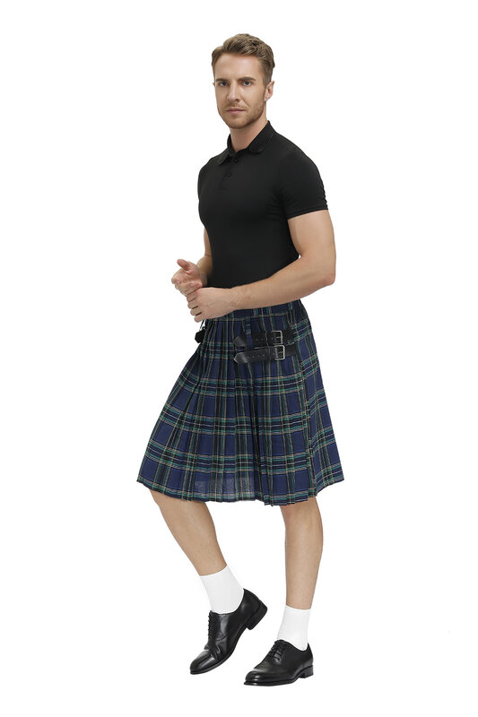 Mens Scottish Traditional Highland Tartan Kilt Stage Performance Skirt Cosplay Halloween Carnival Fancy Party Dress