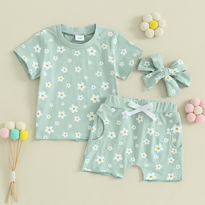 Peuter Baby Meisjes Zomer 3-delige Outfits Met Bloemenprint T-Shirt Met Korte Mouwen En Korte Broek Hoofdband Set Mooie Kleding