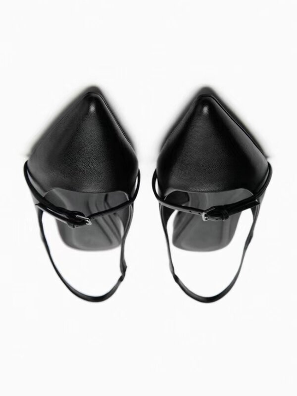 Sandalias de punta estrecha para mujer, zapatos planos con talón descubierto, color negro, a la moda, para oficina, 2024