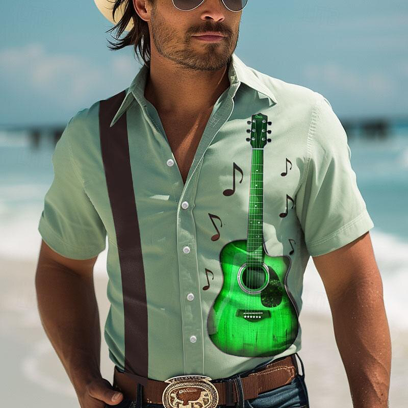 Męski Retro gitara koszula hawajska wakacje koszulka z krótkim rękawkiem miękki i wygodny projekt modny guzik koszula męska